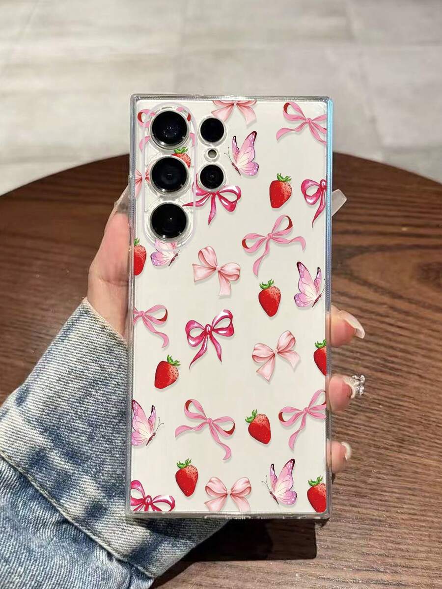 1个时尚印花穿孔透明草莓蝴蝶结彩绘防震手机壳，兼容三星Galaxy A07/A17/S26/S26 Plus/S26 Ultra、S25/S25 Plus/S25 Ultra、A16/A36/A26/A56/A50/A12/A32/A52/A72/A51/A21S/A13/A14/S24/S24 Plus/S24 Ultra、S20/S23/S22/A53/S20 FE/S21、11/12 Pro/12/12X/13 Pro/14 Pro/15 Pro/X3 Pro、10/9/Note 9/12C/Note 11 Pro/Note 8 Pro/9C/9A - 彩色 - 查看 1
