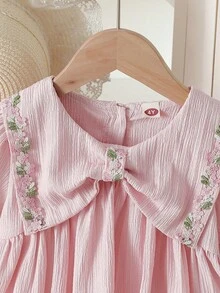 Đầm mùa hè cho bé gái, tay phồng, cổ bẻ, phối ren hoa, dài đến đầu gối, kiểu dáng thanh lịch và sang trọng. - Hồng - Xem 3