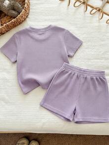 Bộ 2 món cho bé gái, chất liệu mềm mại, màu tím, áo thun in hình trái tim và quần short, trang phục mùa hè đa năng dễ phối đồ cho trẻ em. - Màu tím - Xem 2