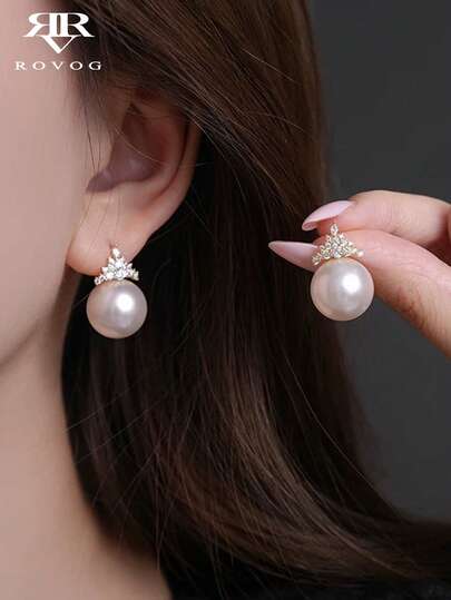 1 Pair Fashionable Luxury Elegant High-End Cubic Zirconia Faux Pearl Design Graceful Earrings, Suitable For Weddings, Banquets, Parties