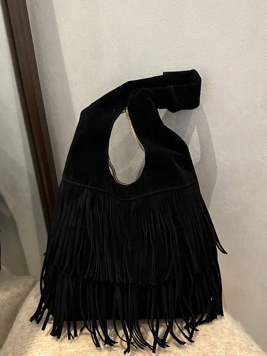 2025 Nova Bolsa Casual Retrô de Grande Capacidade com Franjas de Camurça, Bolsa Versátil de Ombro e Alça para Mulheres - Preto - Visão 1