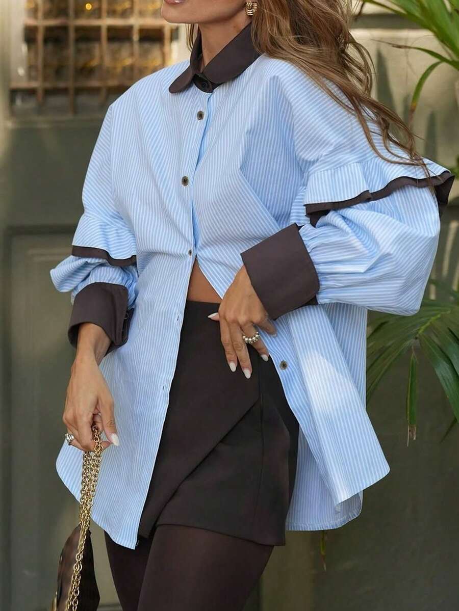 Camisa casual de manga larga de talla grande, elegante y de moda, con parches, contraste de colores, botones, volantes y rayas, adecuada para vacaciones, oficina, uso diario y viajes de primavera - Azul - Ver 1