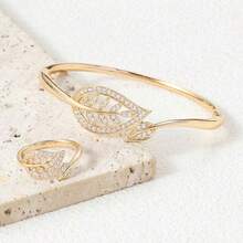 女士奢华树叶手链戒指套装，时尚饰品，适合作为礼物送给她 - 彩色 - 查看 4