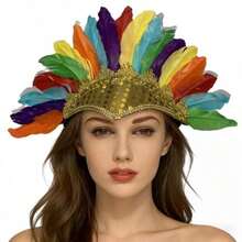 Shiny Retro Performance Party Feather Chief Colorful Headdress Prop - Headwear - Multicolor - View 2