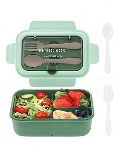 1 Set Square Solid Color Compartment Lunch Box With Lid & Utensils, Reusable Microwave- Plastic Bento Box For Office Workers, Students, Parties, Outdoor, Camping, Picnics, Snacks