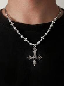 Dây chuyền ngắn với mặt thánh giá cổ điển và hạt charm, phong cách đường phố đơn giản, dành cho cả nam và nữ - Bạc - Xem 5