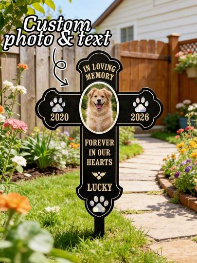 1pc Customize Photo Cross Pet Memorial Grave Stake,Personalized Name Dog Memorial Grave Marker With Paw Print Design,Custom "In Loving Memory" Text Pet Memorial Sign, Pet Loss Sign,Cemetery Garden Decor,Best Memorial Pet Gifts For Pet Lovers, Pet Owner,Dog Accessories,Personalized Gifts