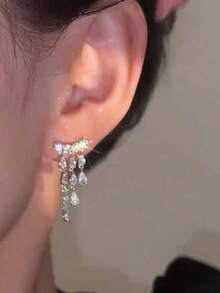 1 Đôi bông tai tua rua hình giọt nước sang trọng, thanh lịch, tinh tế, thích hợp cho tiệc tùng, du lịch, trang sức hàng ngày quyến rũ, quà tặng dành cho phụ nữ - Bạc - Xem 6