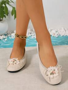 Nuevos zapatos casuales de estilo de bailarina con lazo de cinta de color macaron, versátiles y minimalistas - Beis - Ver 6