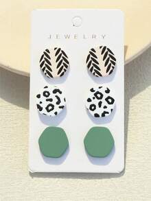 3 Pairs Geometric Hexagon, Leopard Print, Leaf Pattern Acrylic Earrings, Personalized Design, Elegant Quality For Women - Multicolor - View 2