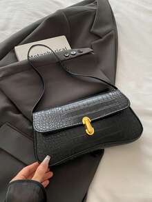 Niche Baguette Bag, Women's Underarm Bag, Crocodile Embossed, Korean Minimalist Versatile Shoulder Bag - Black - View 7