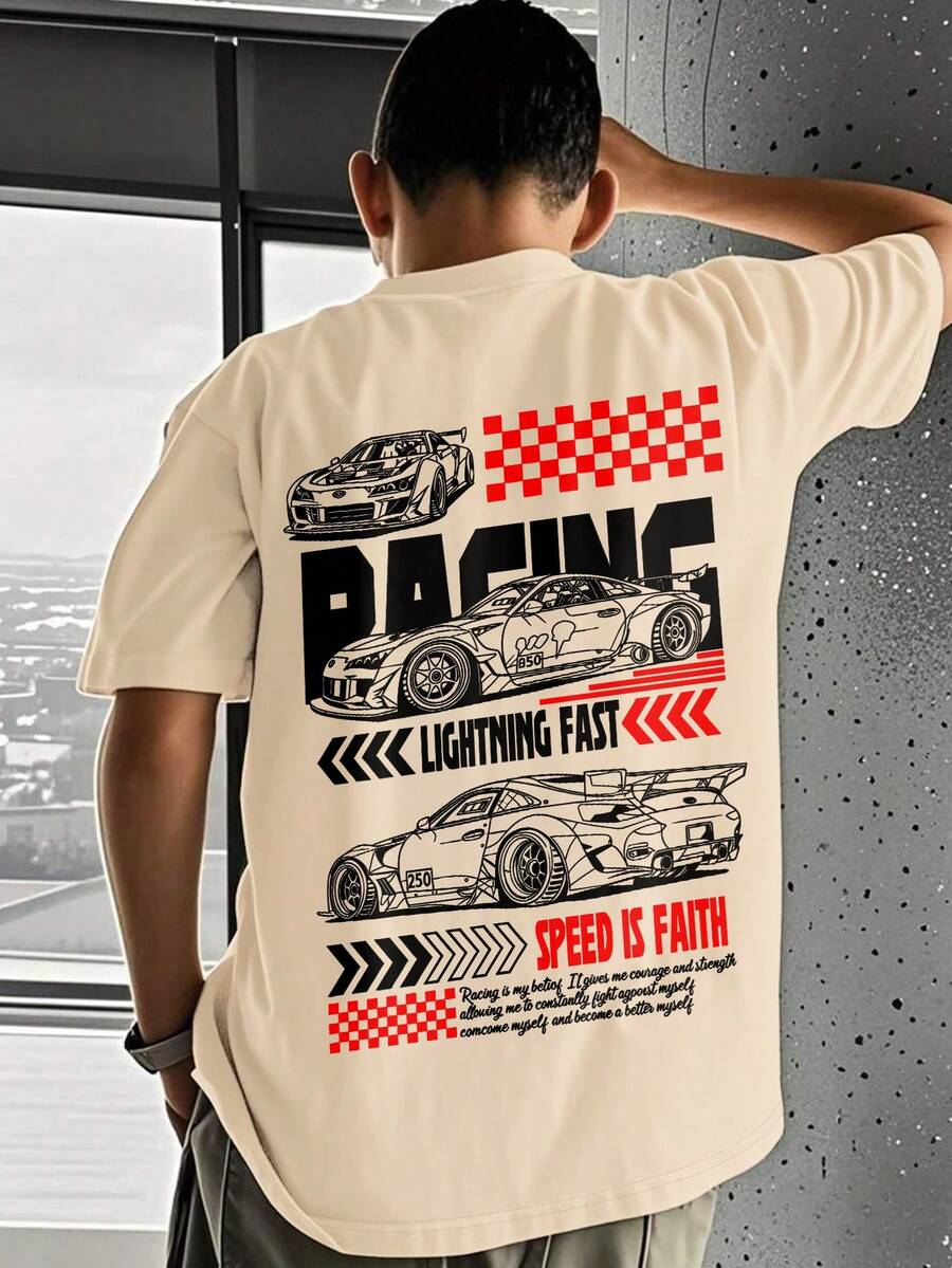 Boys' Oversized Graphic Tee, Racing Car Line Art Print, "RACING" & "SPEED IS FAITH" Slogan, Casual Loose Fit T-Shirt, For Back To School, Racing Events, Daily Leisure, Summer Wear - Apricot - View 1