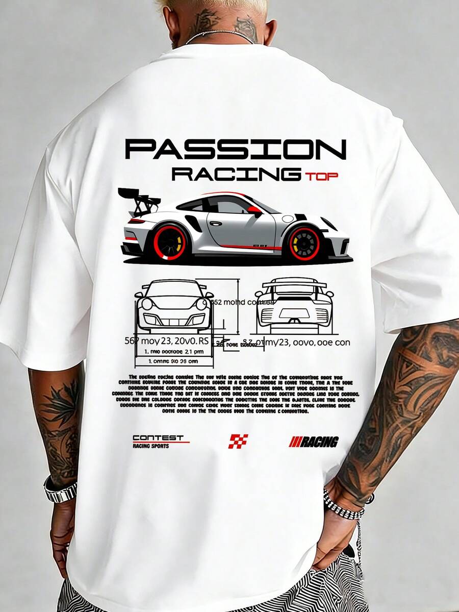 T-Shirt With 911 "Passion Racing" Motif, Sports Car Print, Short-Sleeved T-Shirt For Men With Crew Neck Made Of 100% Cotton, Leisure Sportswear, Streetwear, Summer T-Shirt, Machine Washable, Suitable For Everyday Wear. - 白色 - 查看 1