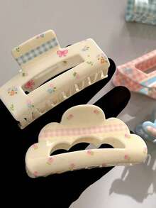 1个/4个甜美花卉格子蝴蝶结发爪夹可爱发饰发夹，适用于丸子头、马尾辫、度假夏季海滩旅行发夹、假日旅行 - 彩色 - 查看 3