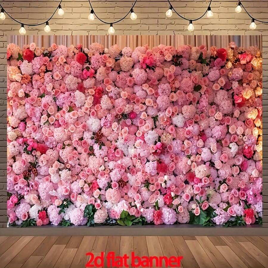 1pc Pink Floral Background Banner - With Green And Open Blooms, Ideal For Mother's Day, Wedding, Bridal Shower, Birthday And Special Occasions, Polyester Material, No Power Needed, Wedding Decor, Pink Floral Photo Backdrop, Pink Daffodil, Valentine's Day Background Photography, Peony Backdrop, Floral Background, Large Flower Wall Decor, Artificial Flower Wall Panel, Flower Board Opening, Flower Backdrop Cloth, Birthday Banner - 2 - View 1