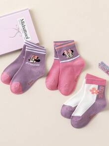 Disney 3/6双装迪士尼老鼠图案儿童船袜，可爱卡通粉紫色春夏中筒袜，女童款，迪士尼袜子 - 彩色 - 查看 2