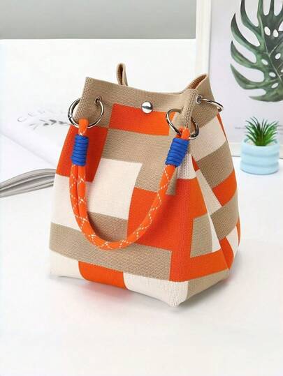 新款时尚女士手提包 - 多功能单肩背包，采用安全扣设计，大容量手提包，可作腕包、钱包、收纳包二合一，适合旅行、户外、通勤和日常使用，耐用手柄，时尚配饰，新款ins风小众针织手提包，时尚白色塔形购物摄影手提包，水桶方形包，节日礼物，购物袋，化妆工具收纳