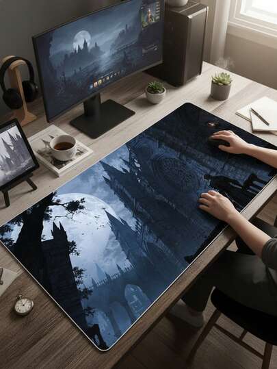 大尺寸鼠标垫，防水防滑光滑布面，暗黑城堡插画设计，可用作键盘垫、桌面垫或书架，适用于游戏玩家、办公室和宿舍，兼容鼠标和轨迹球，游戏玩家的理想礼物。
