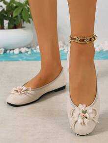 Nuevos zapatos casuales de estilo de bailarina con lazo de cinta de color macaron, versátiles y minimalistas - Beis - Ver 4