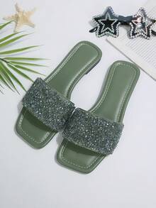 法国奢华时尚大码沙滩度假风多功能水钻室内外防滑清新妈妈拖鞋 - 軍綠色 - 查看 10