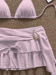 3 piezas Conjunto de bikini casual de tela especial para fiesta en la playa, ropa de playa de unicolor para vacaciones de verano - Rosa - Ver 5