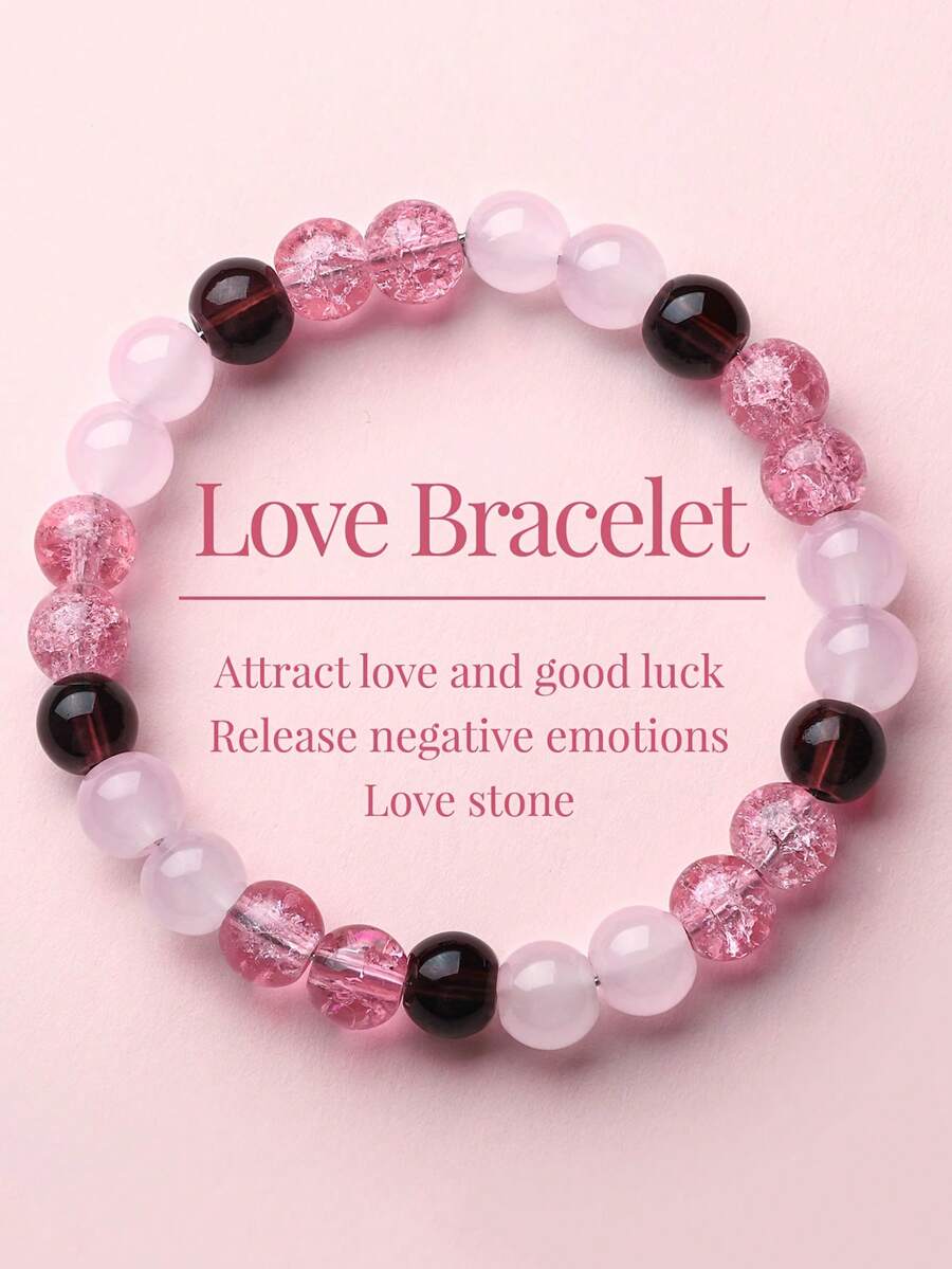 1pc Natural Pink Love Stone Bracelet - Rose Quartz And Red Stone Beads, Attracts Love, Good Luck And Positive Energy, Marble Pink To Fuchsia Gemstone Jewelry, Valentine's Day, Anniversary Gift (No Electroplating, Suitable For Sensitive Skin) Obsidian. - Multicolor - View 1