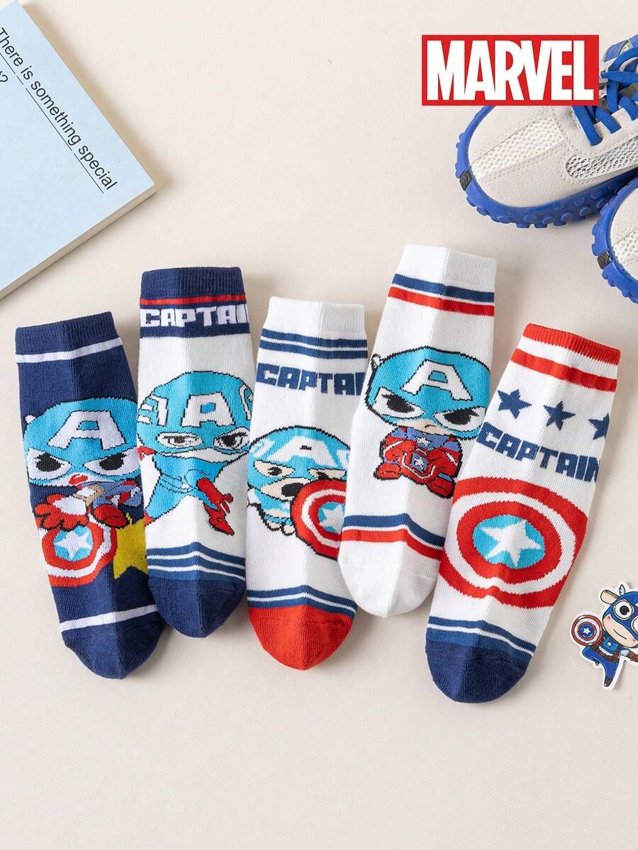 Marvel 5双装儿童袜子，漫威超级英雄蜘蛛侠袜子，男童中筒袜，韩版卡通，春夏款，女童袜子，儿童蜘蛛侠及超级英雄人物袜子 - 彩色 - 查看 1