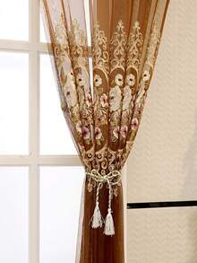 1pc Punched European Style High-End Luxury Embroidered Sheer Curtain, Heat Insulation, Blackout, Sun Protection For Living Room, Bedroom, Balcony - Coffee Brown - View 6