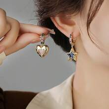 1 Pair Cat Eye Stone Asymmetric Star & Heart Pendant Earrings, Women's Gold-Tone Cubic Zirconia Dangle Earrings, Jewelry Gift For Daily Wear - Multicolor - View 3