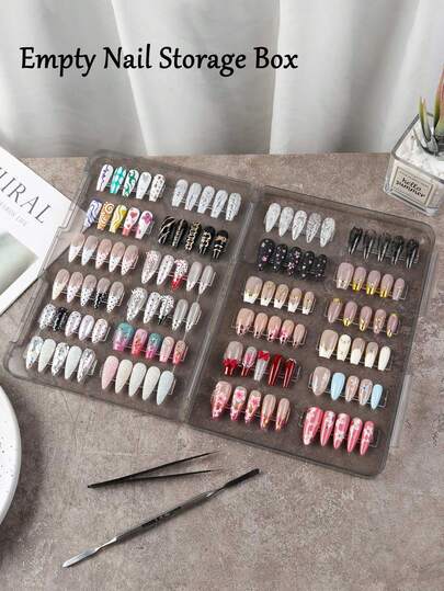 1个黑色透明空指甲收纳盒，带扣，美甲整理盒，透明盒子，美甲饰品珠子宝石收纳盒，美甲用品收纳盒