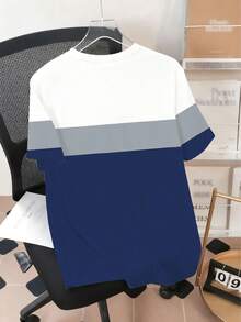 Men's Minimalist Letter & Color Block Pattern Sports Set - Made Of Polyester Knit Fabric, Round Neck Design, Drawstring Shorts, Pocket Details, Regular Fit, Suitable For Plus Size - Navy Blue - View 4