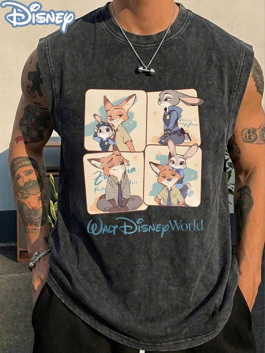 Disney Official Licensed Zootopia Nick & Judy 4-Panel Walt Disney World Vintage Washed 230g Tank Top Unisex - 黑色 - 查看 1