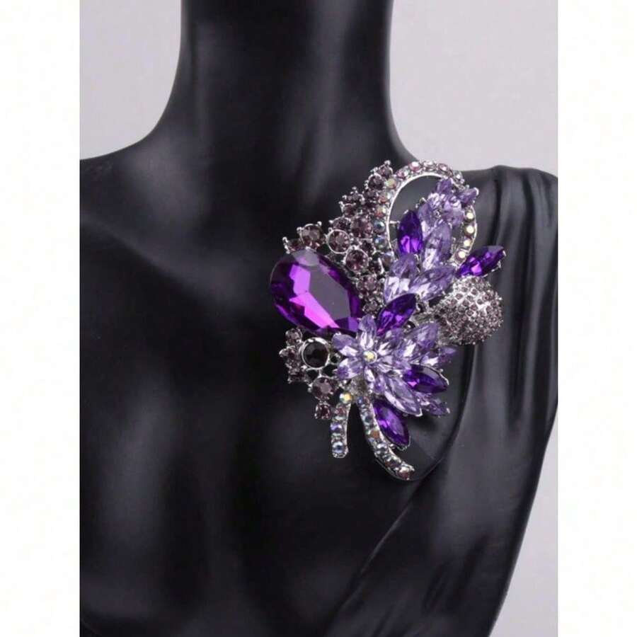 1pc Luxury Fashion Women Shiny Rhinestone Brooch Lady Crystal Suit Coat Corsages - Màu tím - Xem 1
