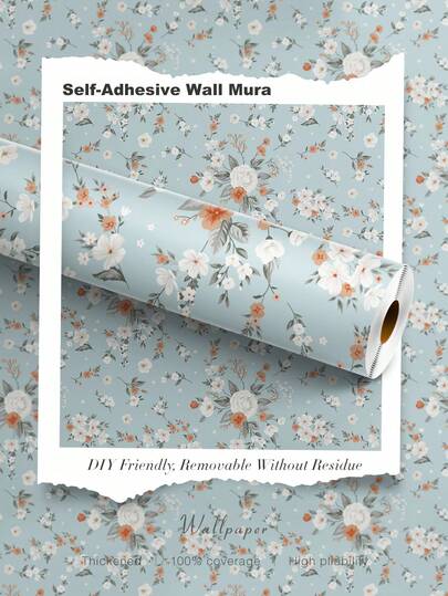 BVL 1롤 0.24mm 블루 플로럴 컨트리사이드 스타일 비닐 벽지, 떼어내고 붙이는 탈착식 자체 접착 벽지, 장식용 벽 스티커, 가정 장식 및 액세서리, 주방 벽지