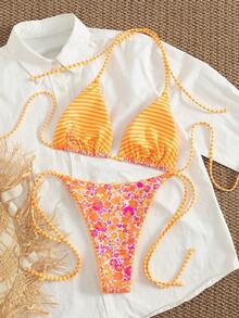 Summer Leopard Print Spaghetti Strap Tie-Up Bikini Set, Suitable For Beach Vacation - Orange Stripes - View 3