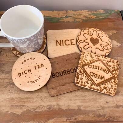 6pcs Classic Wooden Coasters | Bourbon Whiskey, Custard Cream, English Breakfast Tea, Jam Filled Cookie Decorated Coasters - Handmade Wooden Home Decor - Housewarming Gift - Decorative Plaques And Ornaments