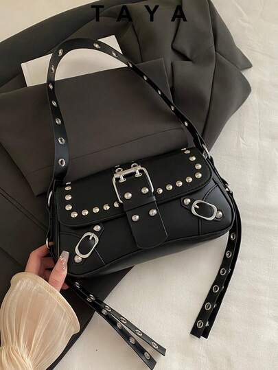 Modische Punk-Nieten Damen Umhängetasche, Unterarmtasche, Halbmond-Tasche, Bikertasche mit Leder-Gürtelschnalle. Geeignet für Einkaufen, Tragen einer Geldbörse, Spazierengehen, junge Frauen, Universitätsstudenten, Neuankömmlinge und Büroarbeiter. Sie sind sehr praktisch für Büro, Universität, Arbeit, Geschäftstermine, Pendeln, Outdoor-Aktivitäten, Reisen und Ausflüge.