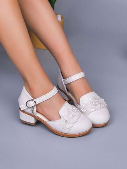 1 Pair Girls' Sandals, White With 3D Embroidery Decor, Ankle Strap With Metal Buckle, Suitable For Wedding, Performance, And Daily Wear