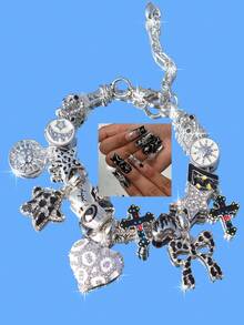 1pc Gothic Leopard Print Cross Charm Bracelet, Black Swirl Cross Bracelet, Leopard Bow Heart Bracelet, Star Girl Bracelet, Ramadan Crescent Moon Bracelet - Silver - View 2