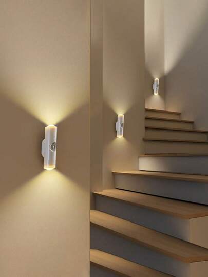 1/2/4pcs Motion Sensor Night Light, Magnetic Wall Lamp, Detachable Lighting, Stick-On Wall Lamp, Upward & Downward Illumination, USB Rechargeable LED Light, Indoor Wooden Wall Lamp, Closet Light, Corridor & Stairway