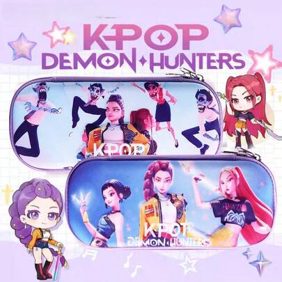 Mattel K-POP Demon Hunters Glasses Case: Double-Layer Oval Pencil Pouch Set, Featuring Demon Hunters Theme, Girl & Vampire Elements, Yellow Jacket & Purple Color Scheme, Fashionable Cartoon Style, Durable Water-Resistant Material, Internal Compartment Design For Storing Glasses, Pens, Small Items, Ideal For School, Travel, Gift Or Personal Use