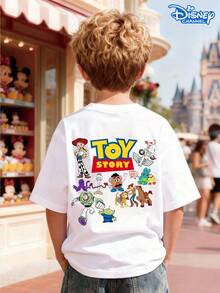 Disney Toy Story Family Double-Sided Print Kids T-Shirt, White Loose Crew Neck Top, Small Front LOGO + Woody, Buzz Lightyear & Friends Back, Full Of Playful Vibe, Breathable Skin-Friendly, All-Match For Summer Park & Street, Unisex - 白色 - 查看 3