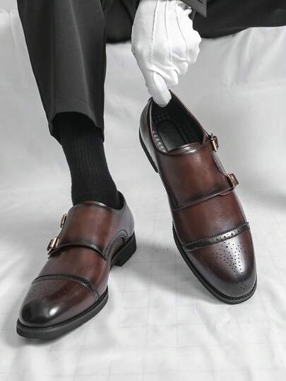 男士尖头休闲皮鞋，布洛克复古棕色正装鞋，僧侣搭扣鞋，适合办公室和婚礼等场合。
