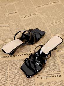 Women's Square Toe Criss-Cross Strap Black High Heel Sandals, Casual Versatile Open Heel Mule Sandals For Summer - Black - View 6