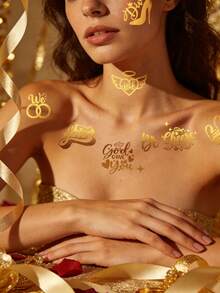 （4张一套）箔纸激光心形皇冠字母婚礼临时纹身贴纸，包含酒杯、玫瑰、心形、字母、戒指、烟花、心形气球等元素，适合新娘送礼会、单身派对，也可作为节日礼物，可自行DIY。 - 金色 - 查看 3