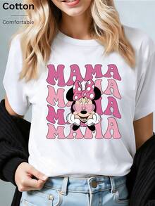 Disney (Loose Version)Cute Women's Regular Sleeve Round Neck Cotton T-Shirt With Minnie Mouse Mama Print For Casual Wear Short-Sleeved Round Neck Casual Shirt Necessary In Summer, Suitable For Summer And Spring, Holiday Gift Party Clothing, Ladies' Clothing. - 白色 - 查看 1
