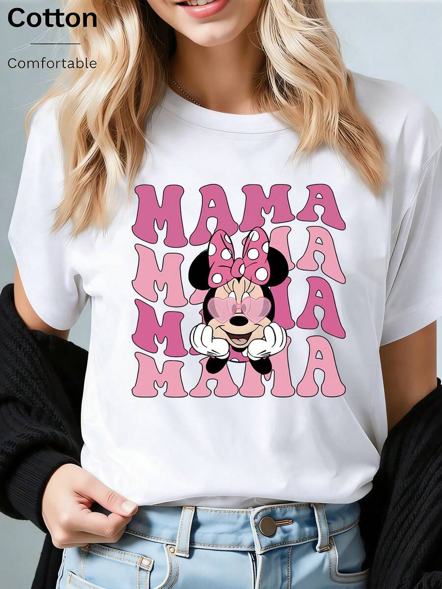 Disney (Loose Version)Cute Women's Regular Sleeve Round Neck Cotton T-Shirt With Minnie Mouse Mama Print For Casual Wear Short-Sleeved Round Neck Casual Shirt Necessary In Summer, Suitable For Summer And Spring, Holiday Gift Party Clothing, Ladies' Clothing. - 白色 - 查看 1