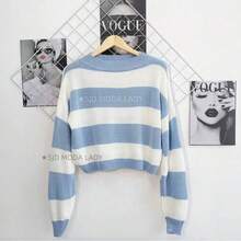 SJD MODA LADY Striped Sweater Knit Modal Off Shoulder Super Autumn Winter Korean Style Best Fabric - Garis-garis biru muda dan putih - View 2