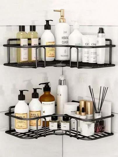 Triangular Bathroom Shelf, Adhesive Wall-Mounted, Suitable For Kitchen And Bathroom, For Organizing Shampoo, Soap Etc., Steel Corner Rack