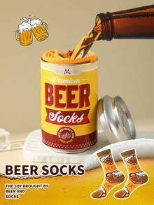 1 Pair New Interesting Multi-Color Beer Can Mid-Calf Socks Gift Box, Spring/Summer Unisex Sports Socks, Imaginative Food-Inspired Creative Design, Knitted Fabric, Long Thick Soft Comfortable, Perfect Gift For Birthday, Valentine's Day, Easter, Festival, Carnival, Dates, Parties, Holidays, Unique Quirky Abstract Daily Casual Wear Socks, Popular Food-Themed Outfit, Suitable For All Seasons, Great Gift For Couples, Friends, Vacation, Outdoor Sports, Gym, Home, Office, Etc. - Yellow - View 2
